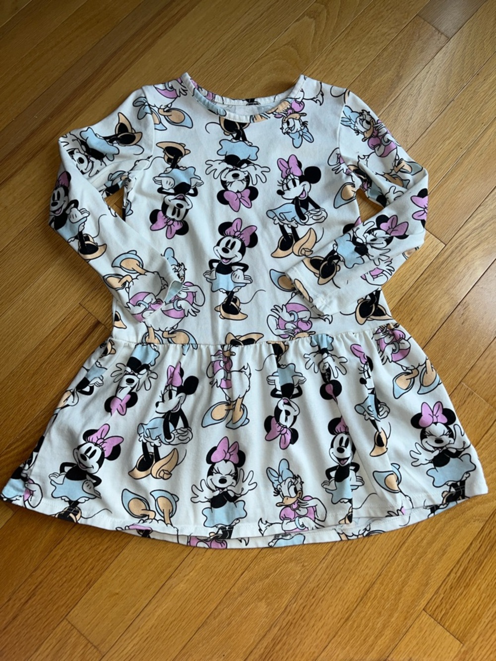 Girls' White Minnie Mouse Print Long-Sleeve Dress